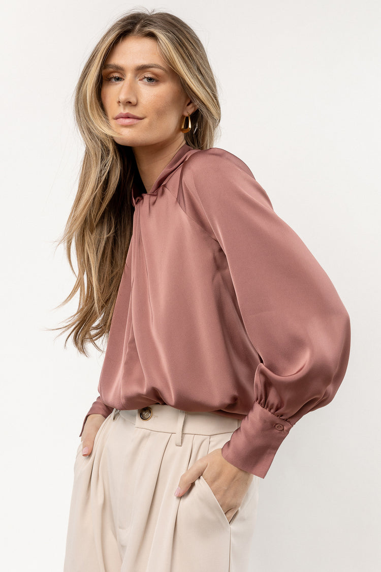 mauve satin blouse with twist detail