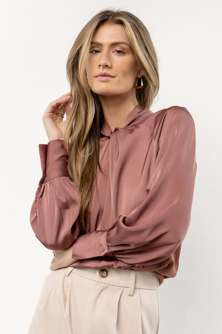 mauve blouse with high neck
