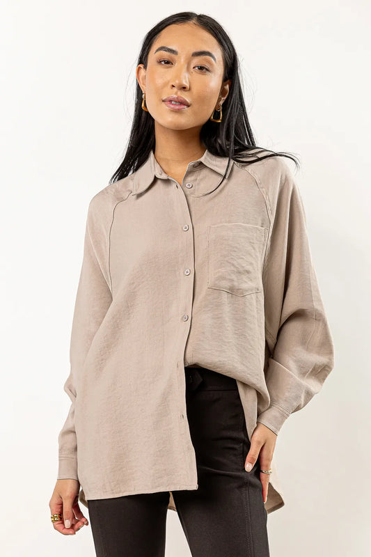 taupe button down top with long sleeves