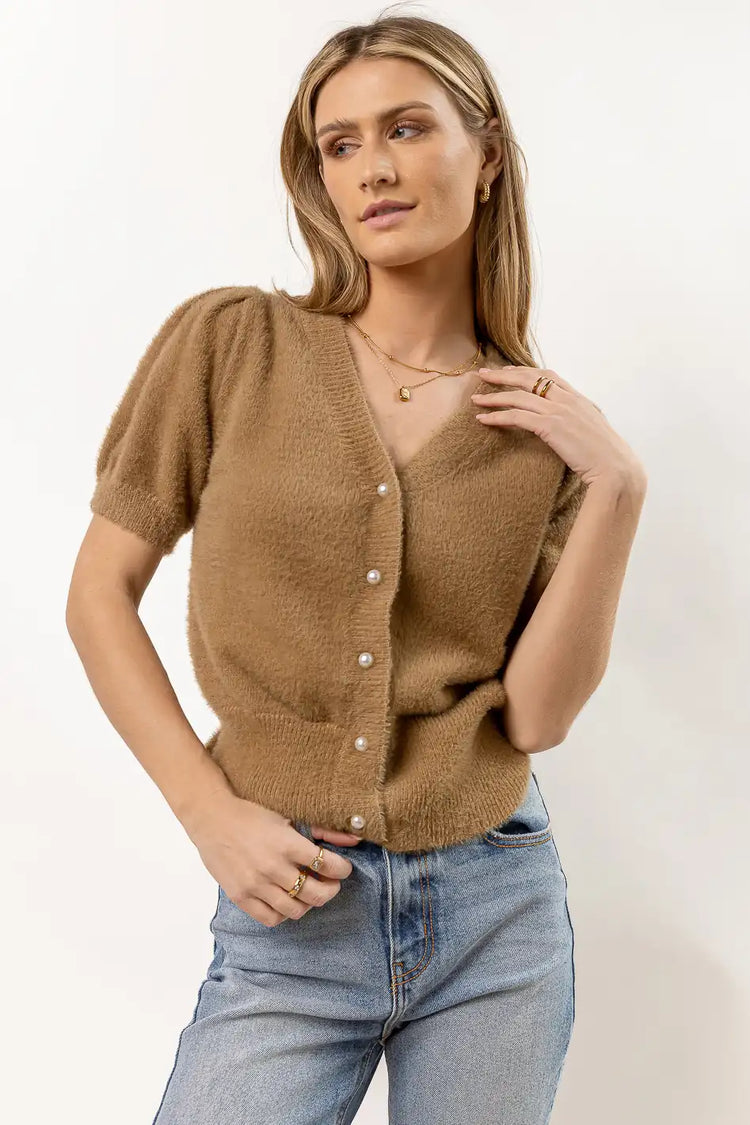 short sleeve pearl button sweater cardigan