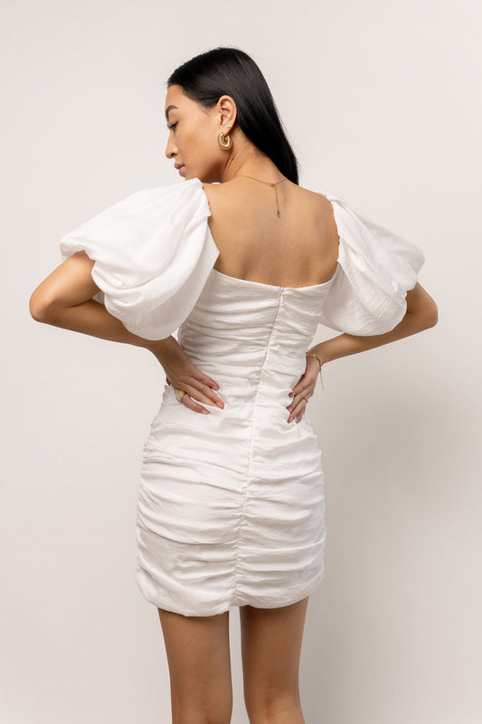 white ruched mini dress
