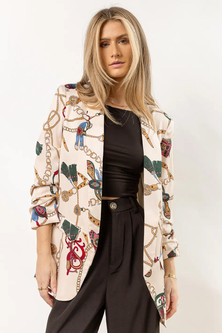 ivory printed blazer with shoulder pads