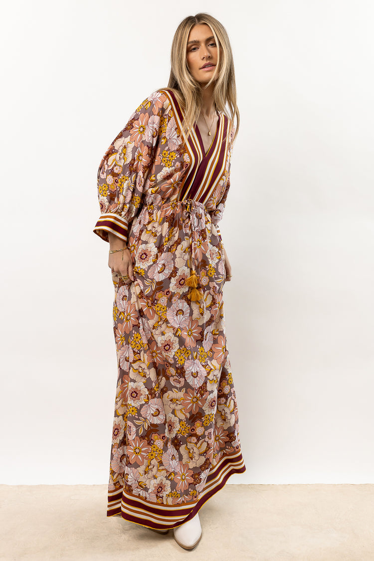 maroon floral print long dress