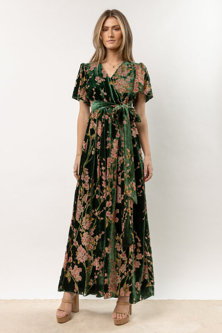 green maxi dress with floral detail