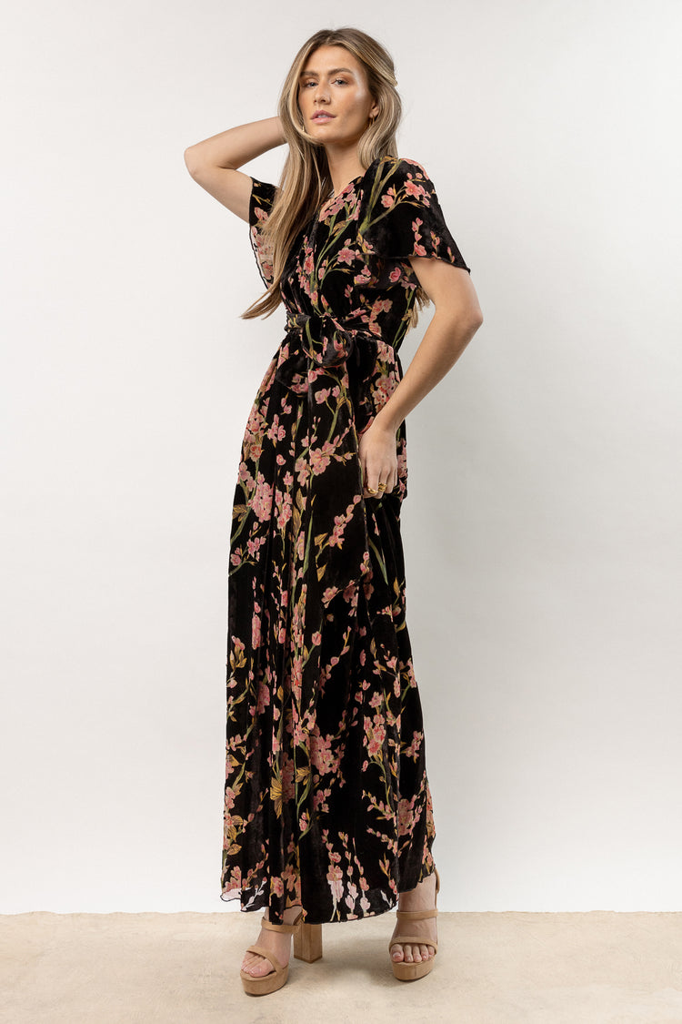 velvet maxi dress with floral detail