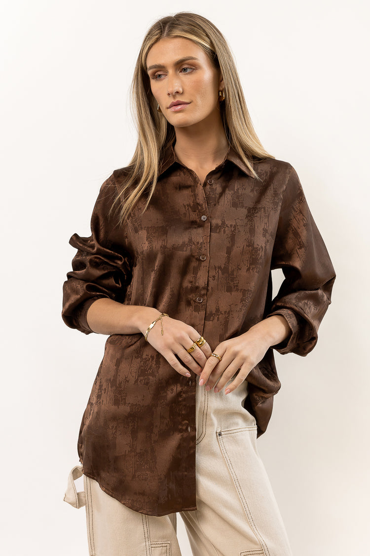 button up blouse in brown