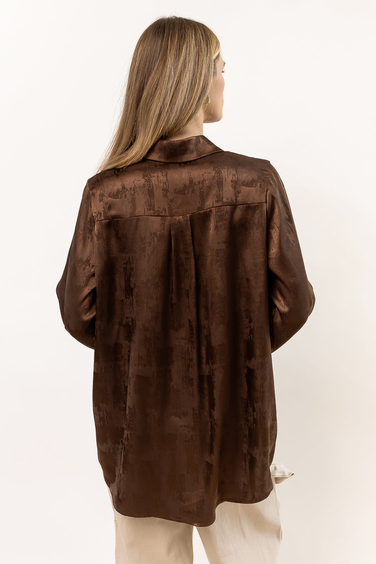 satin brown blouse with long sleeves