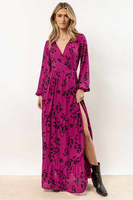 long sleeve printed maxi dress with slits