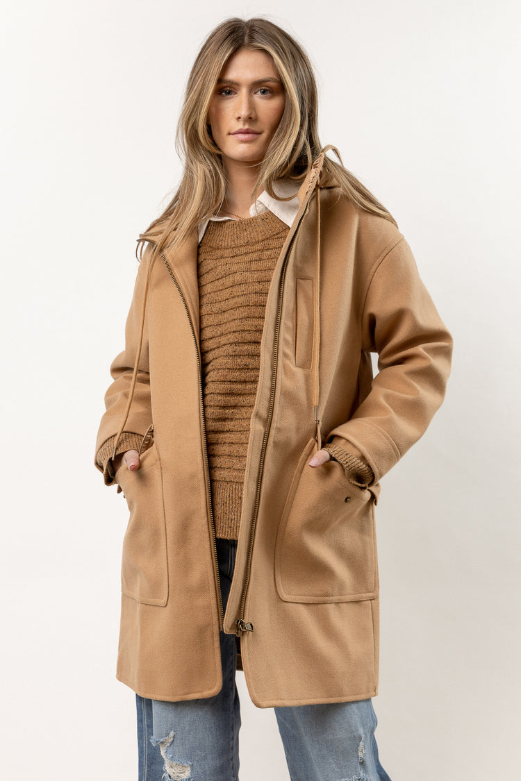 tan hooded wool jacket