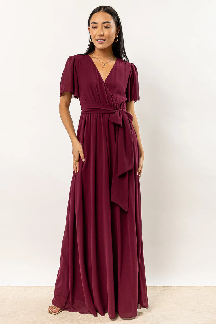 burgundy dress with flutter sleeves