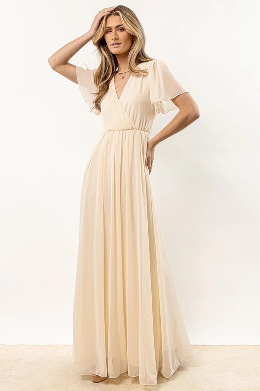 cream maxi dress with short sleeves