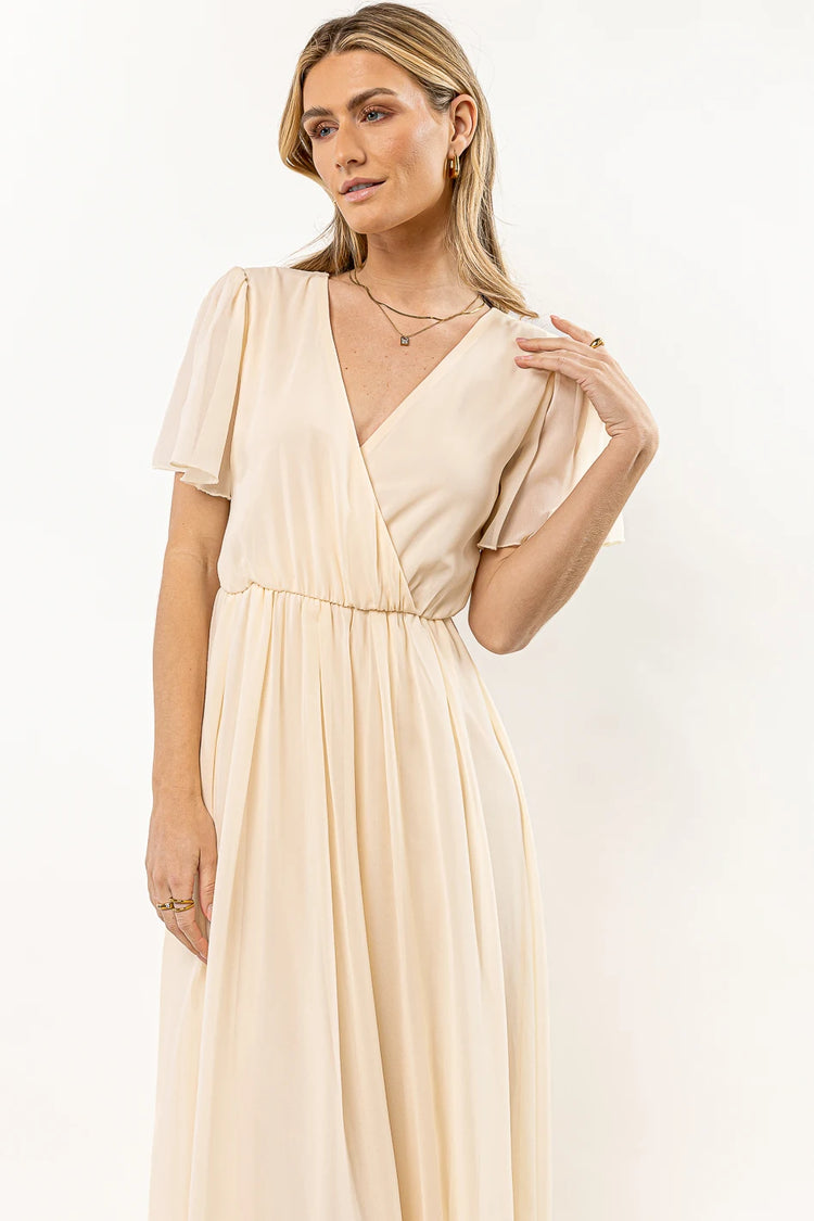 cream maxi dress with V-neck