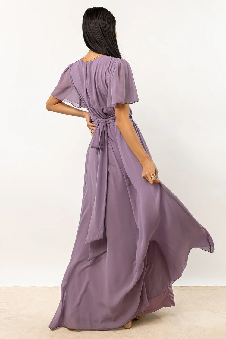purple dress with flutter sleeves
