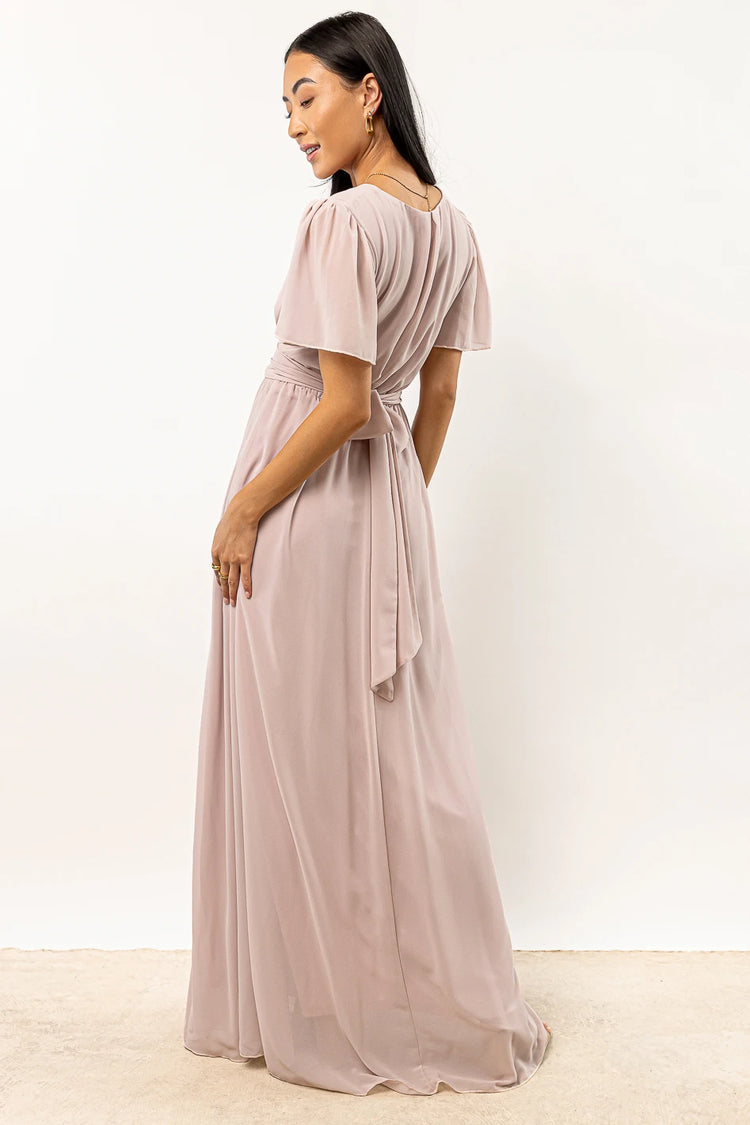 mauve dress with sheer sleeves