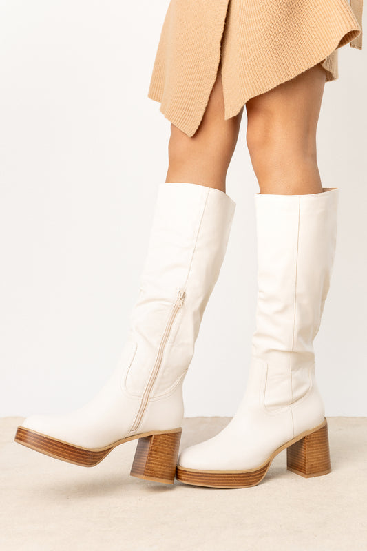 white boots with wooden heel