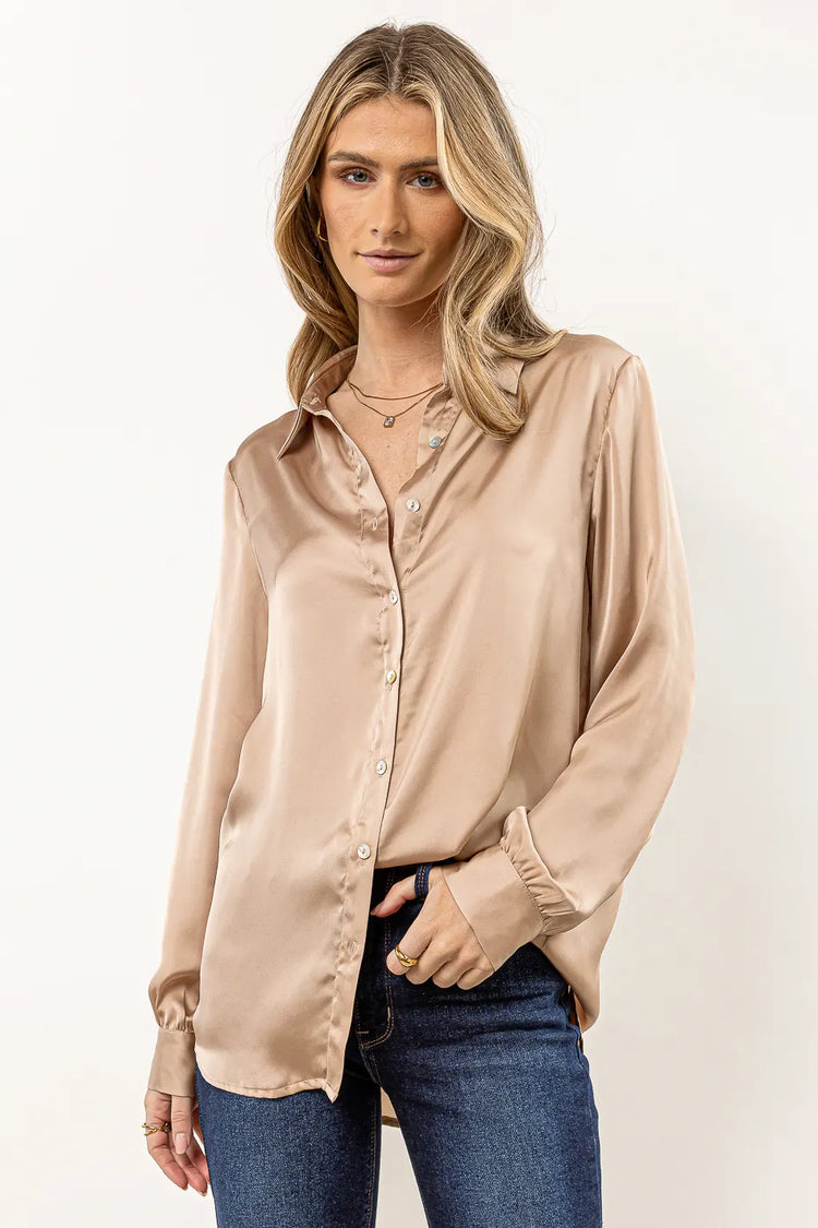 taupe satin top with long sleeves