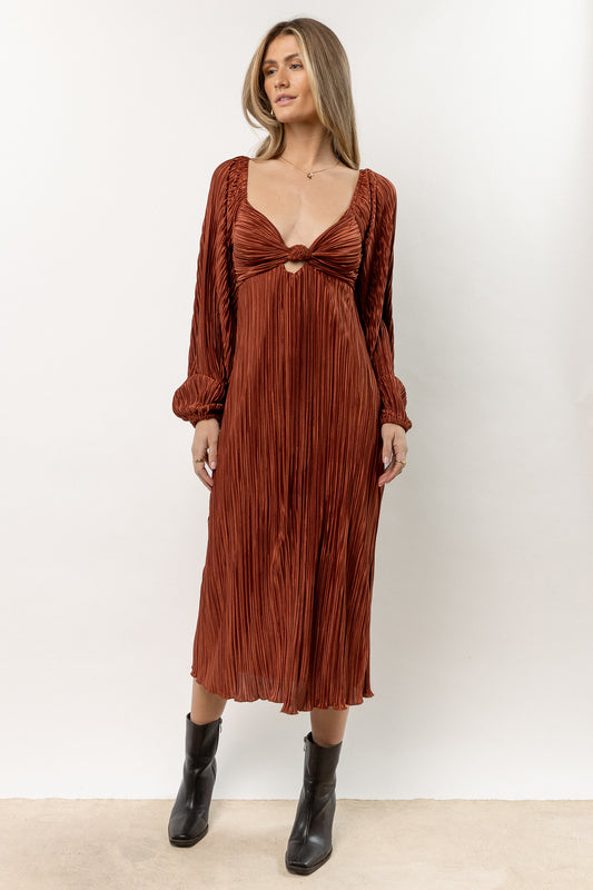 rust colored pleated midi dress