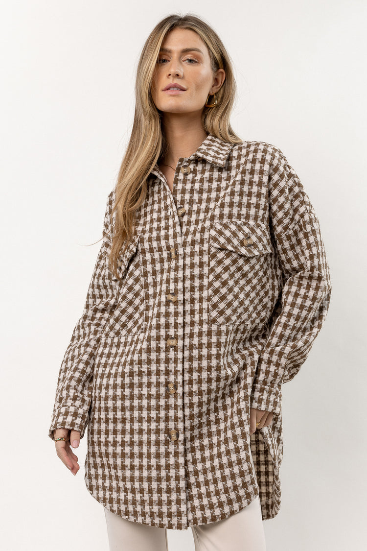 Kindra Houndstooth Shacket in Brown - FINAL SALE
