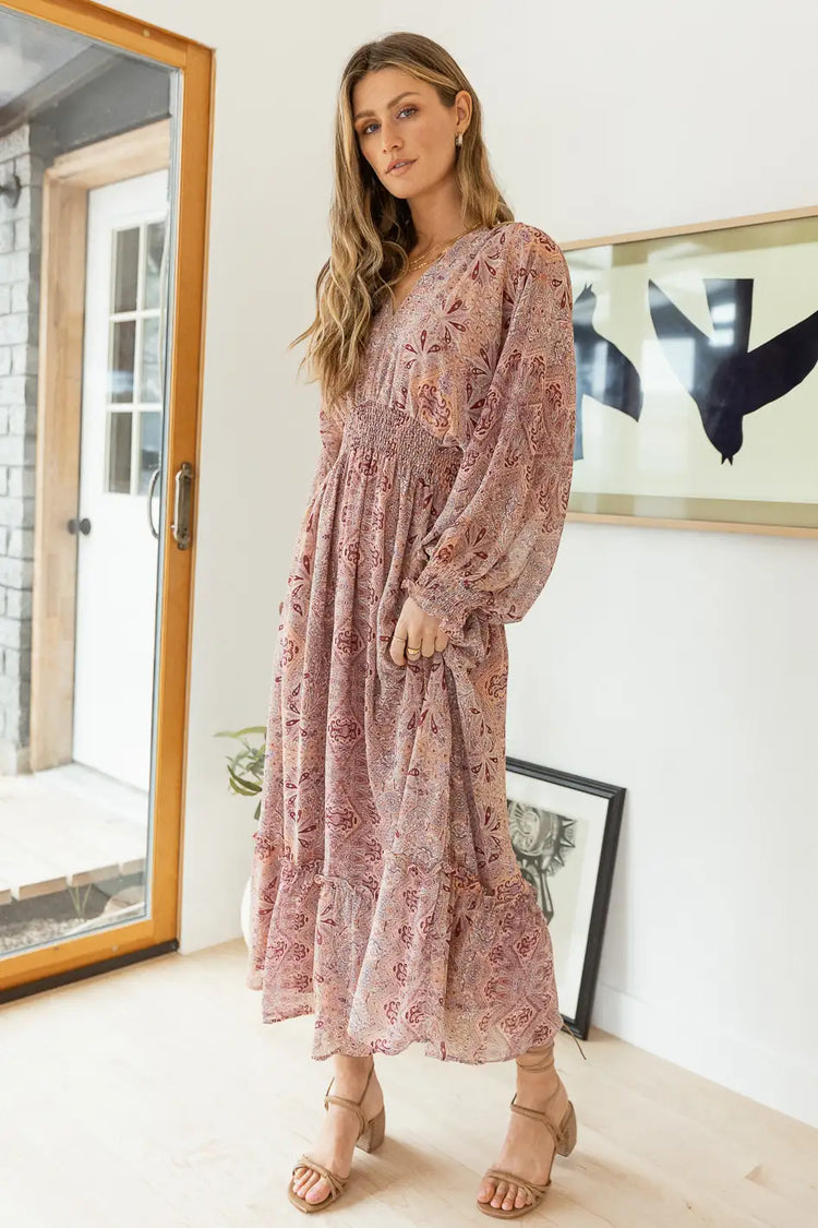 pink paisley printed dress with long sleeves