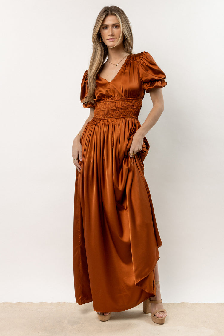 copper maxi dress with short sleeves