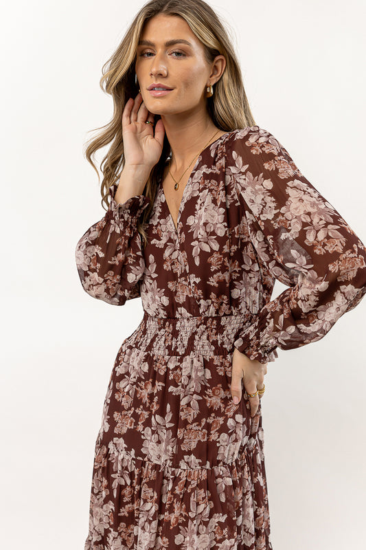 burgundy patterned dress with v neck