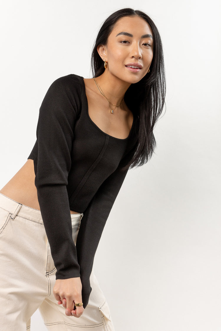 cropped black ribbed long sleeve top