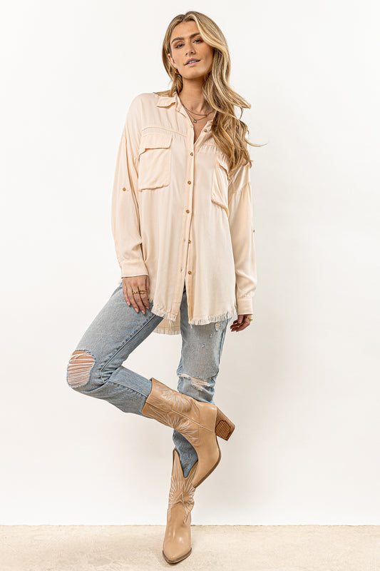 oversized button down top  in natural 