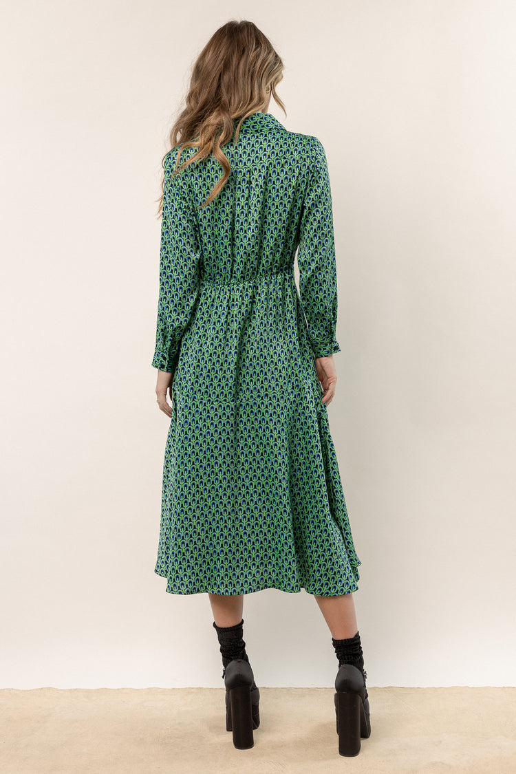 green printed midi dress with long sleeves