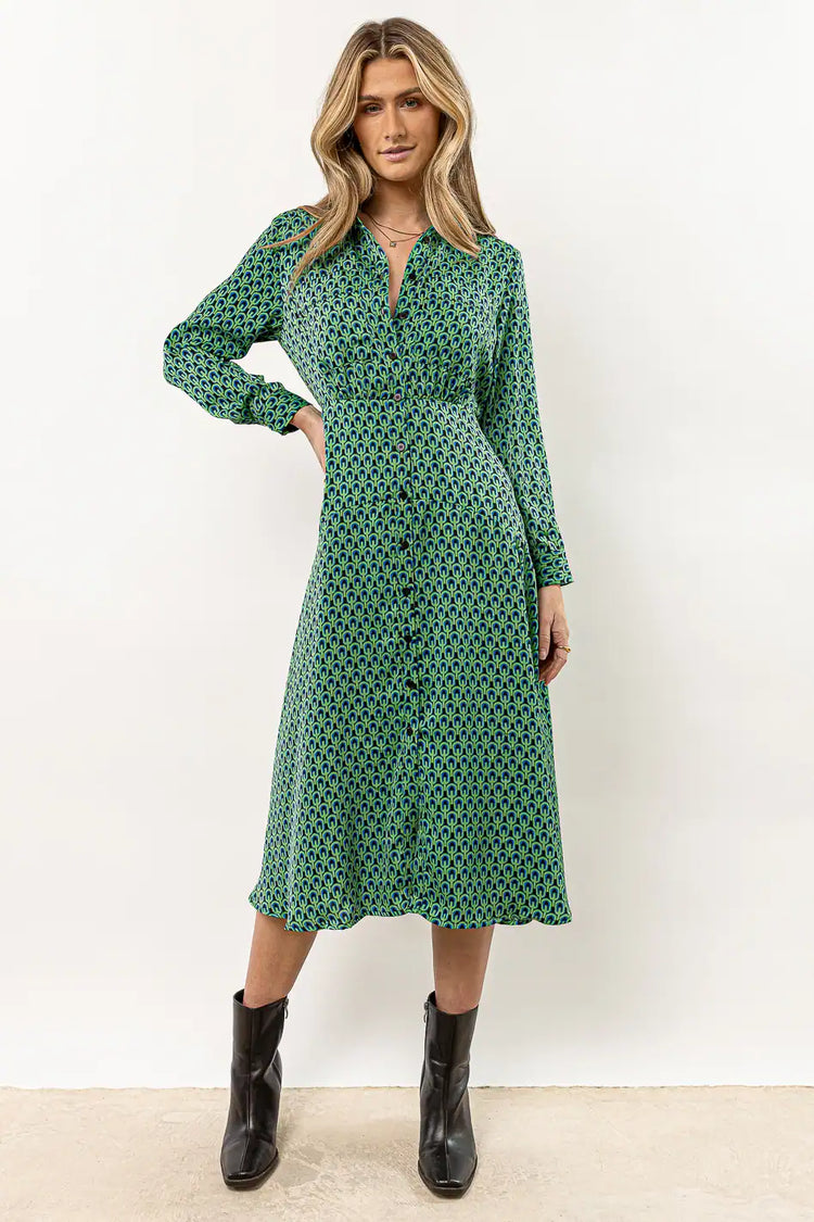 green midi dress with buttons and long sleeves