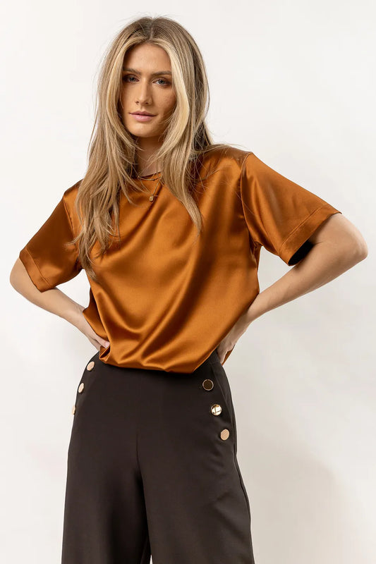 satin short sleeve blouse in copper