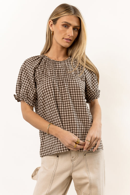 olive checkered top with short sleeves