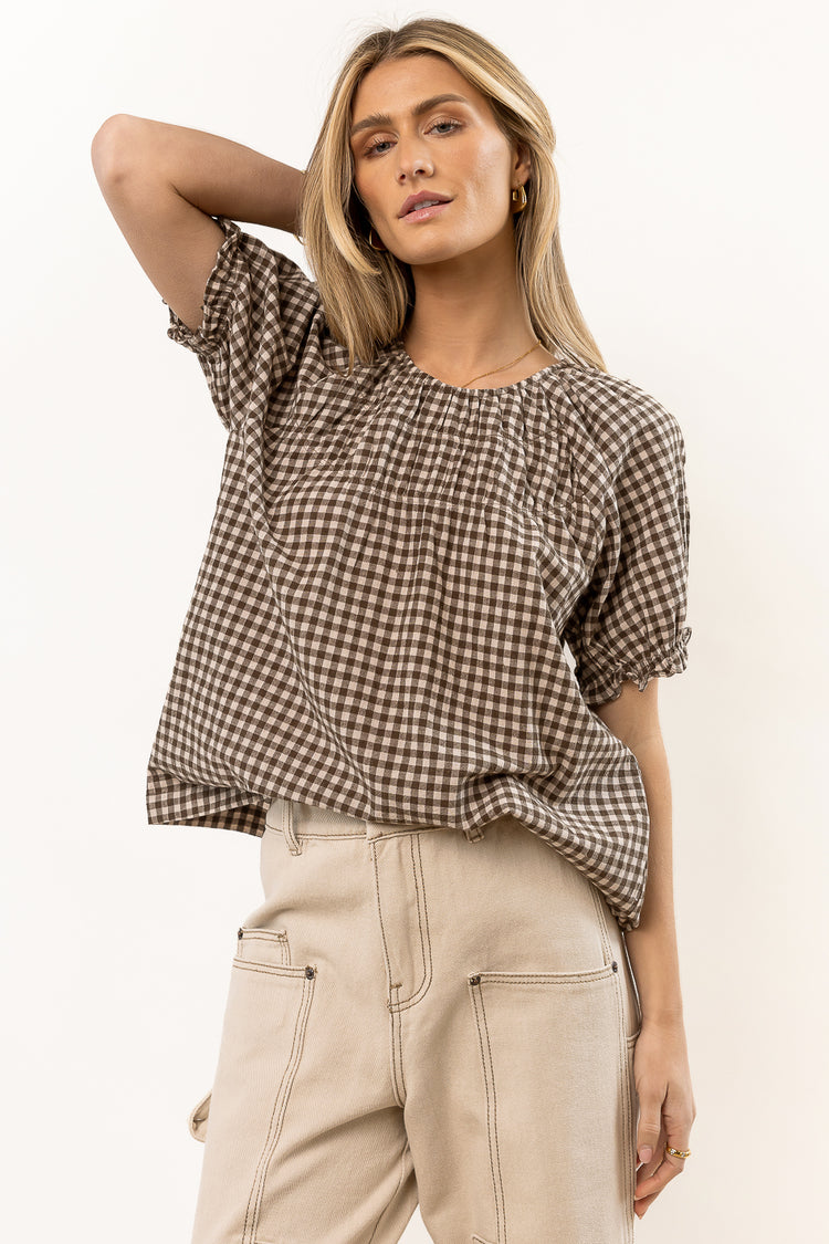 checker blouse with short sleeves