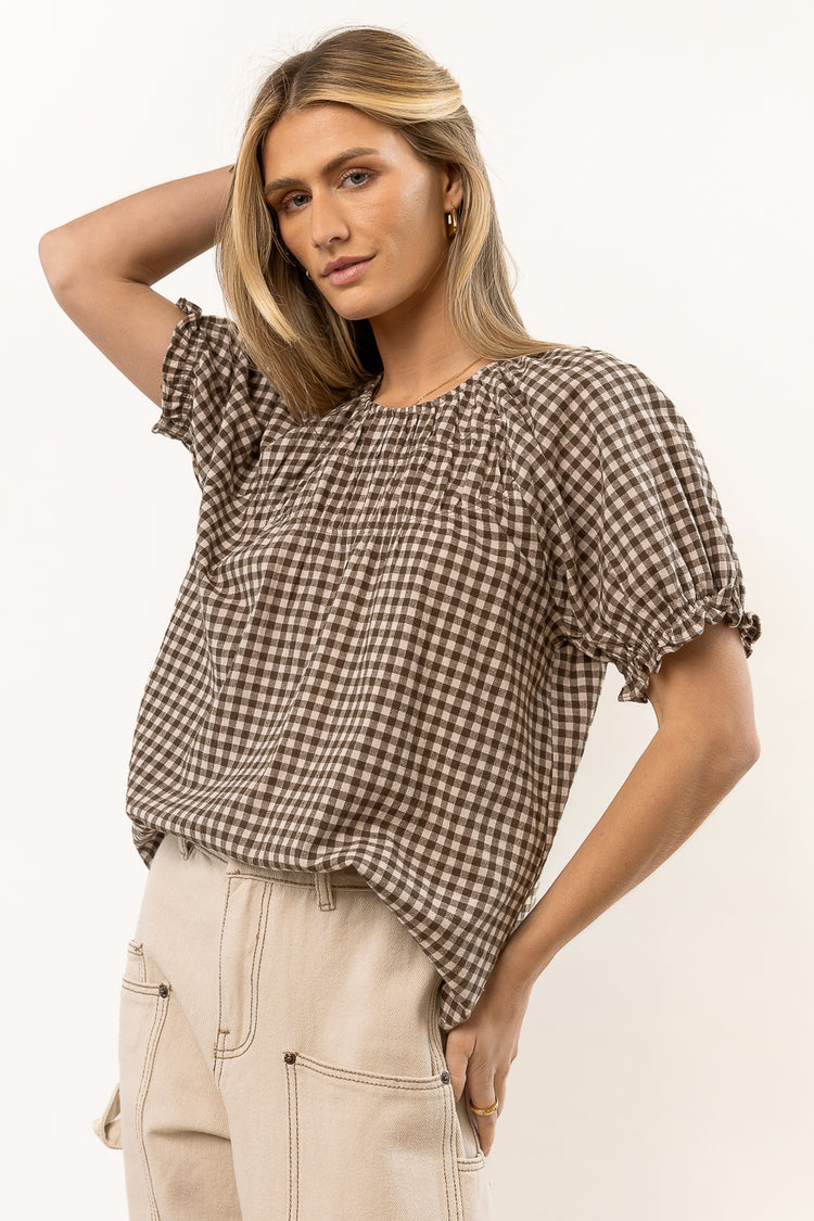 short sleeve checkered blouse in olive