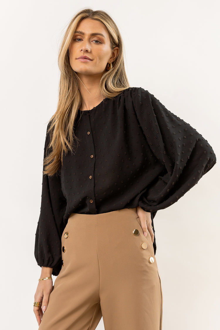 black button up blouse with dot detail