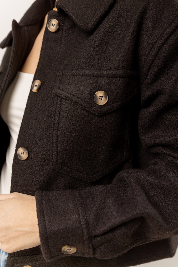 front pocket button shacket in black