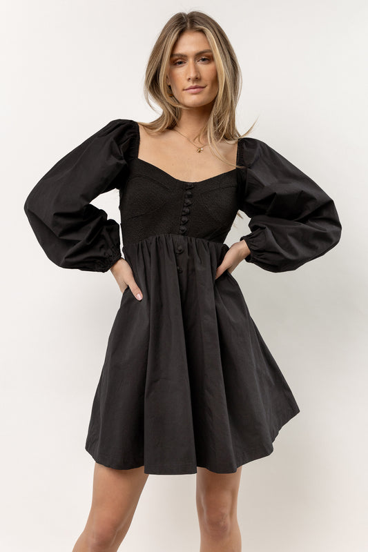 puff sleeve mini dress in black