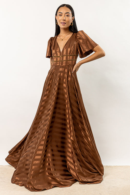 striped maxi dress in brown