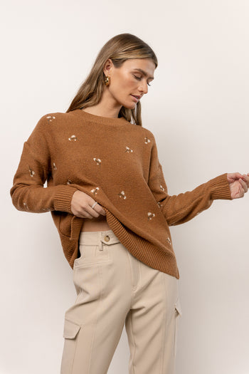 brown sweater with floral embroidery