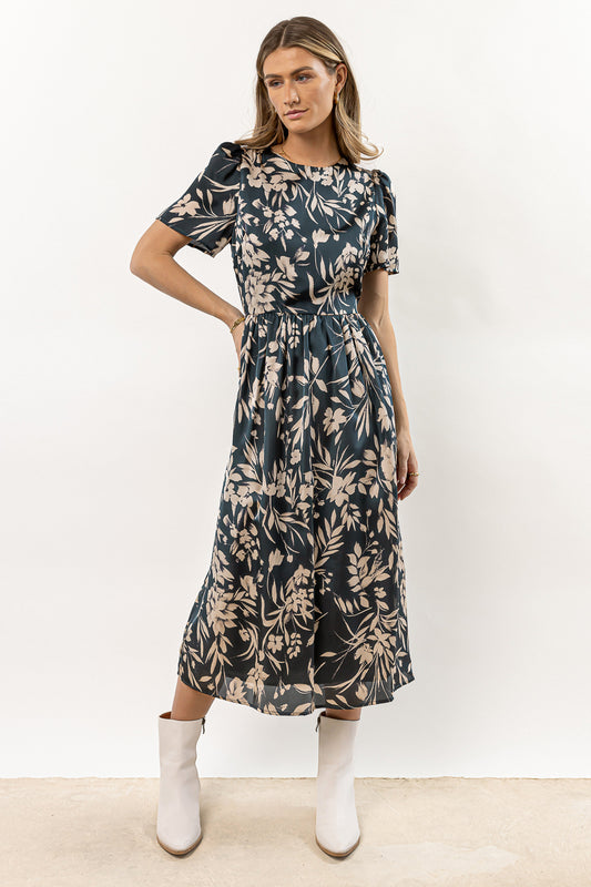 blue floral midi dress with short sleeves