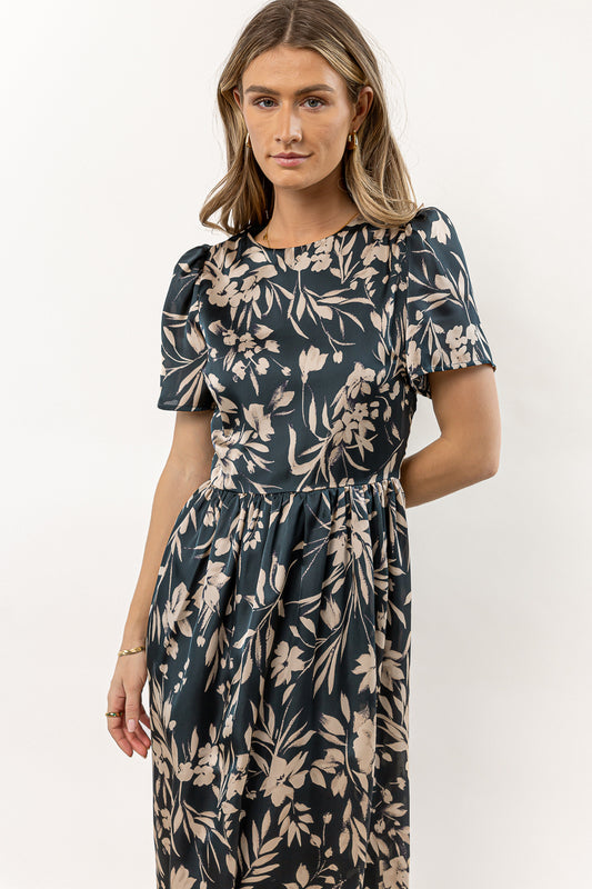 satin printed dress with short sleeve