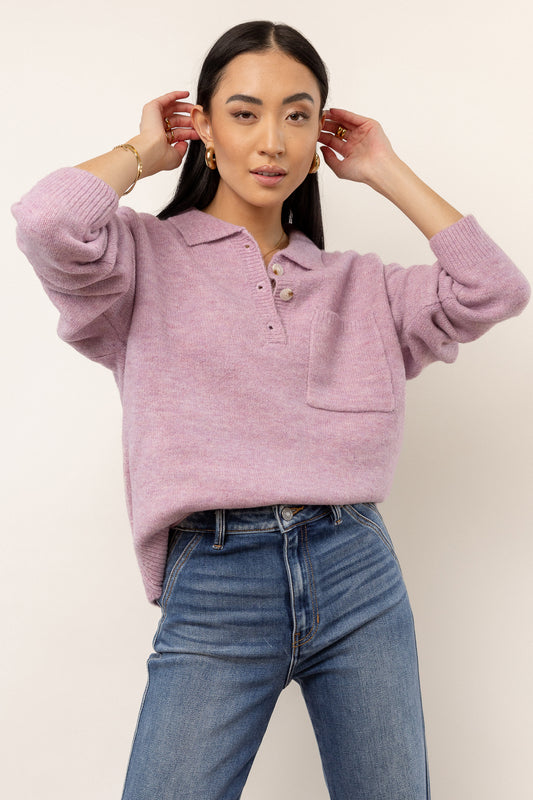 purple sweater with button detail