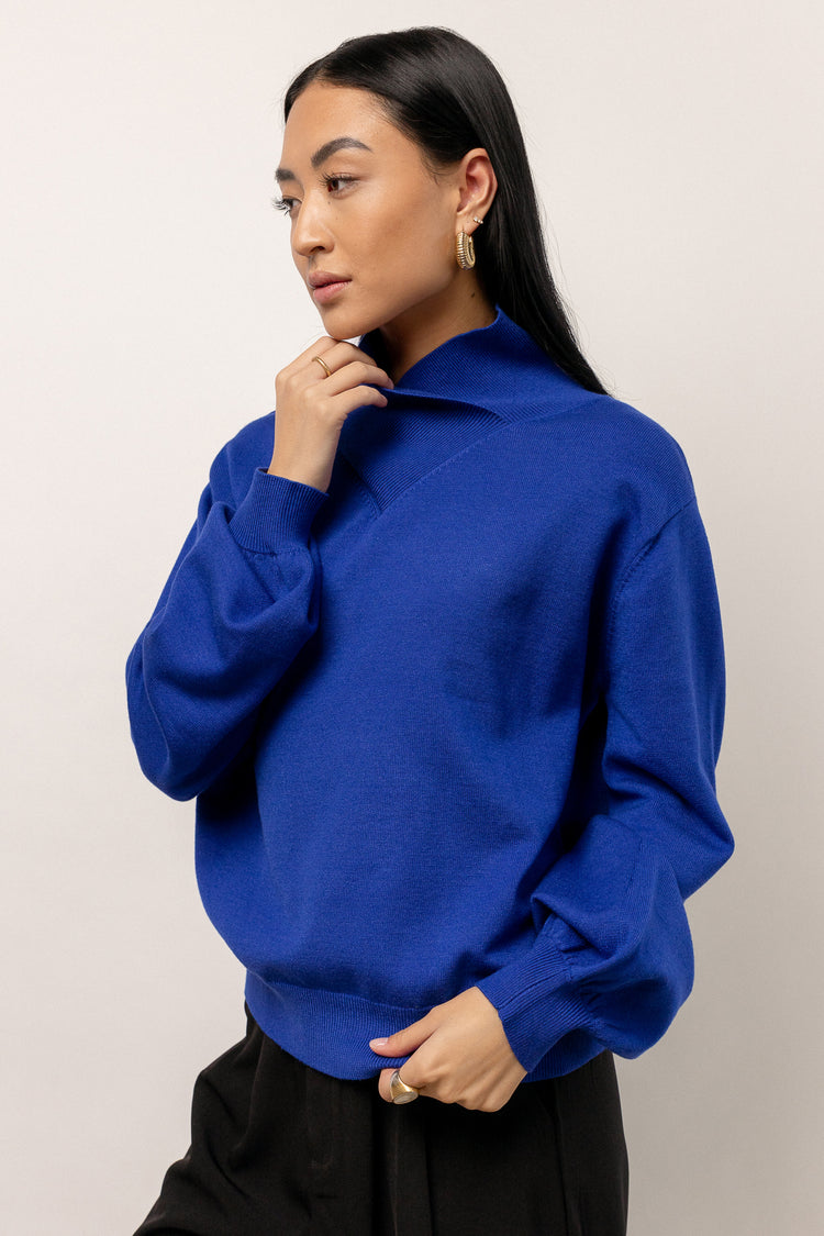 oversized mock neck sweater in blue