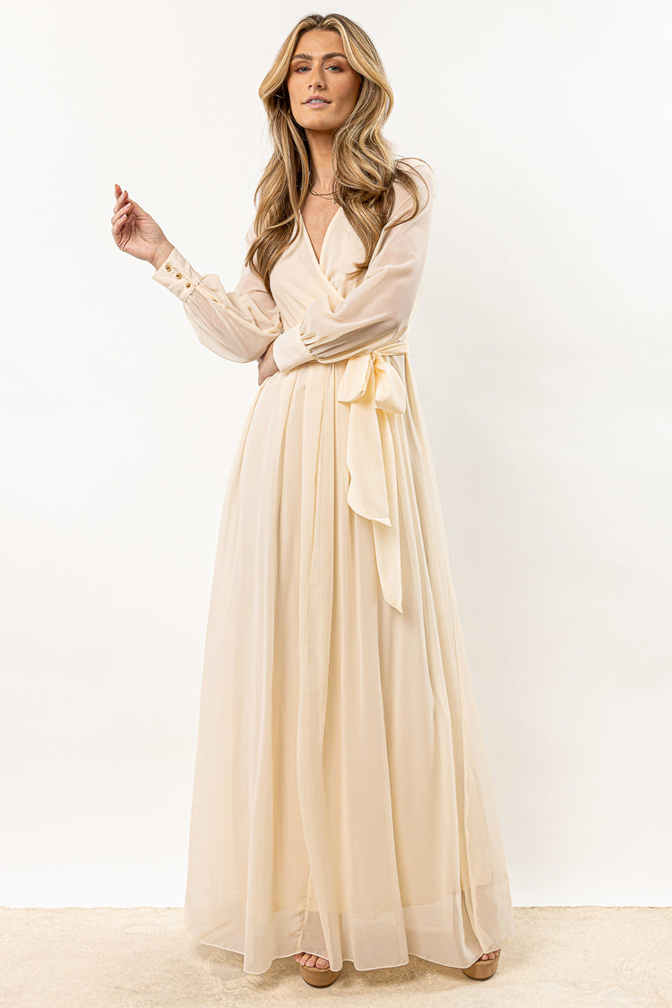 cream chiffon long dress with long sleeves