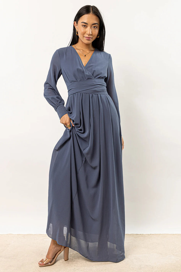 slate blue maxi dress with long sleeves