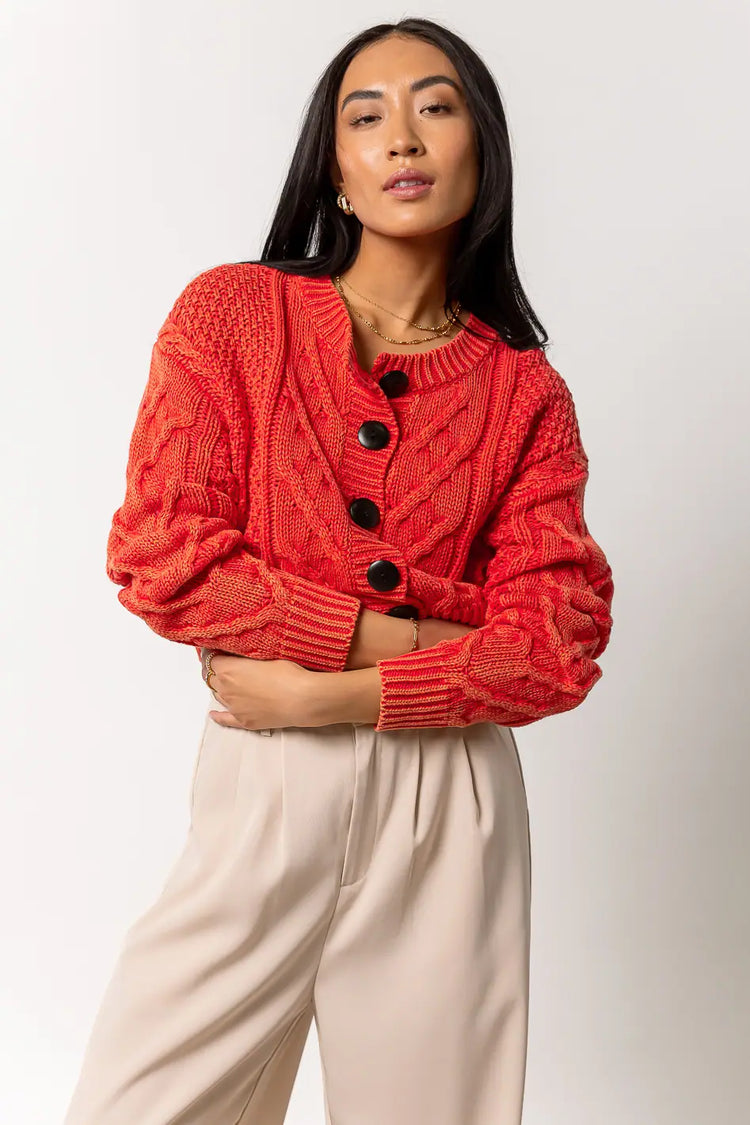 red cable knit sweater cardigan with buttons